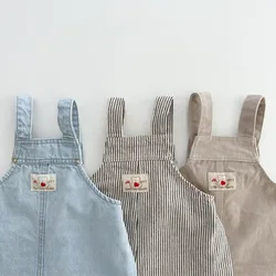 2025 Spring Summer Children Boy Jeans Cotton Patched Pocket Toddler Boy Suspenders Solid Button Sling Infant Baby Boy Denim Pant