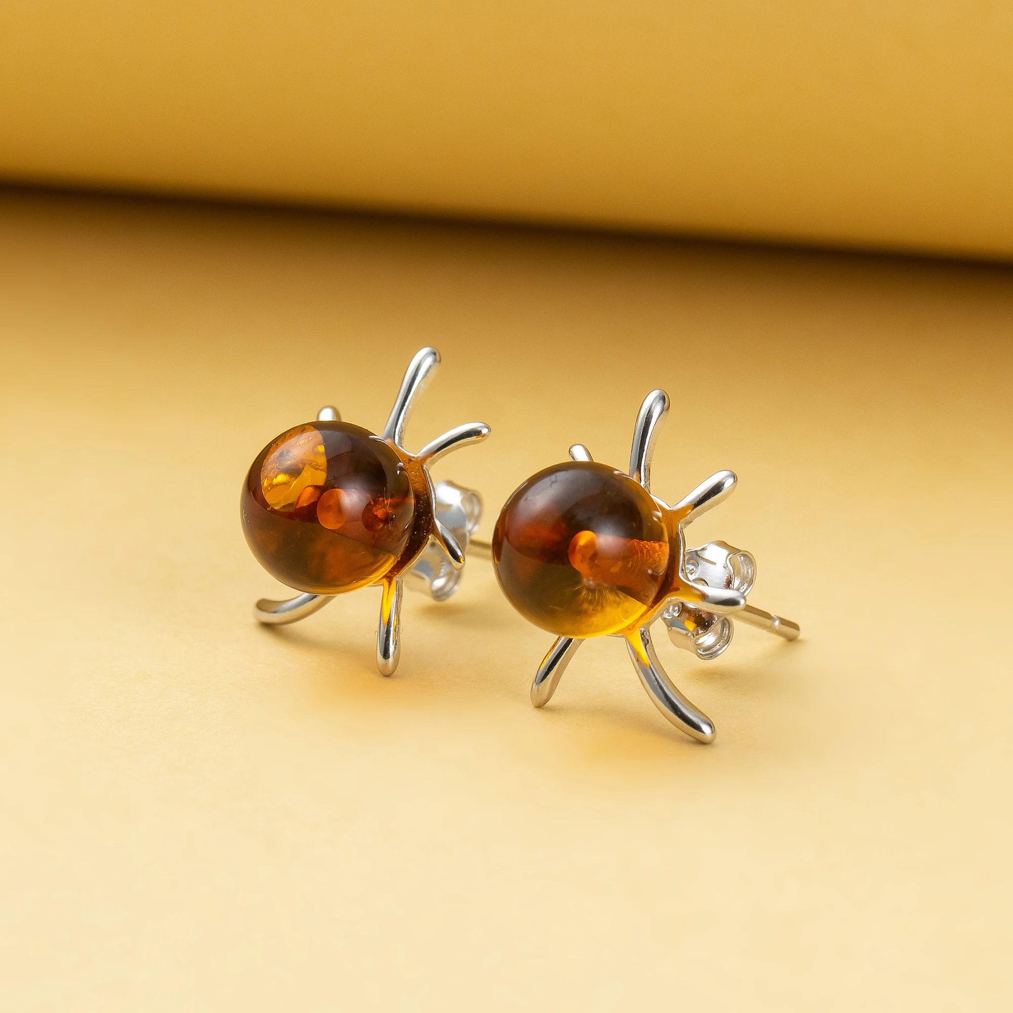 Genuine Baltic Amber Flaming Sun Stud Ball Earrings for Women in 925 Sterling Silver, Rich Cognac Color