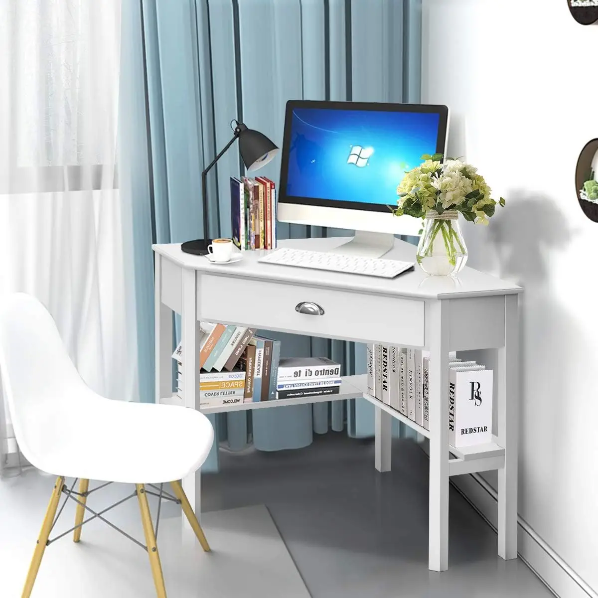 White Corner Desk with Drawer, Storage Shelves for Computer, Makeup Vanity Desk for Small Space, 90 Degrees Triangle De