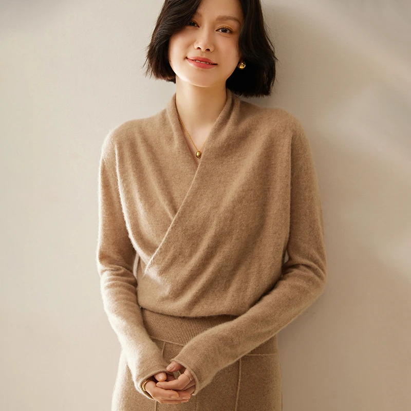 

Women's New Chinese Style 100% Cashmere Sweater V-Neck Long Sleeve Pullovers Autumn Winter Soft Warm Casual Cashmere Knitwear