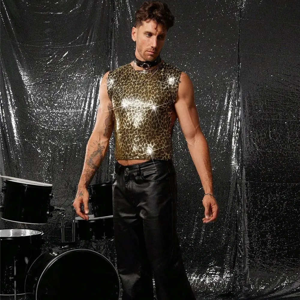 European & American Men's Leopard Print Cutout Tank Top Metallic Sequined Fitted T-Shirt Sexy Slim-Fit Crew Neck Top