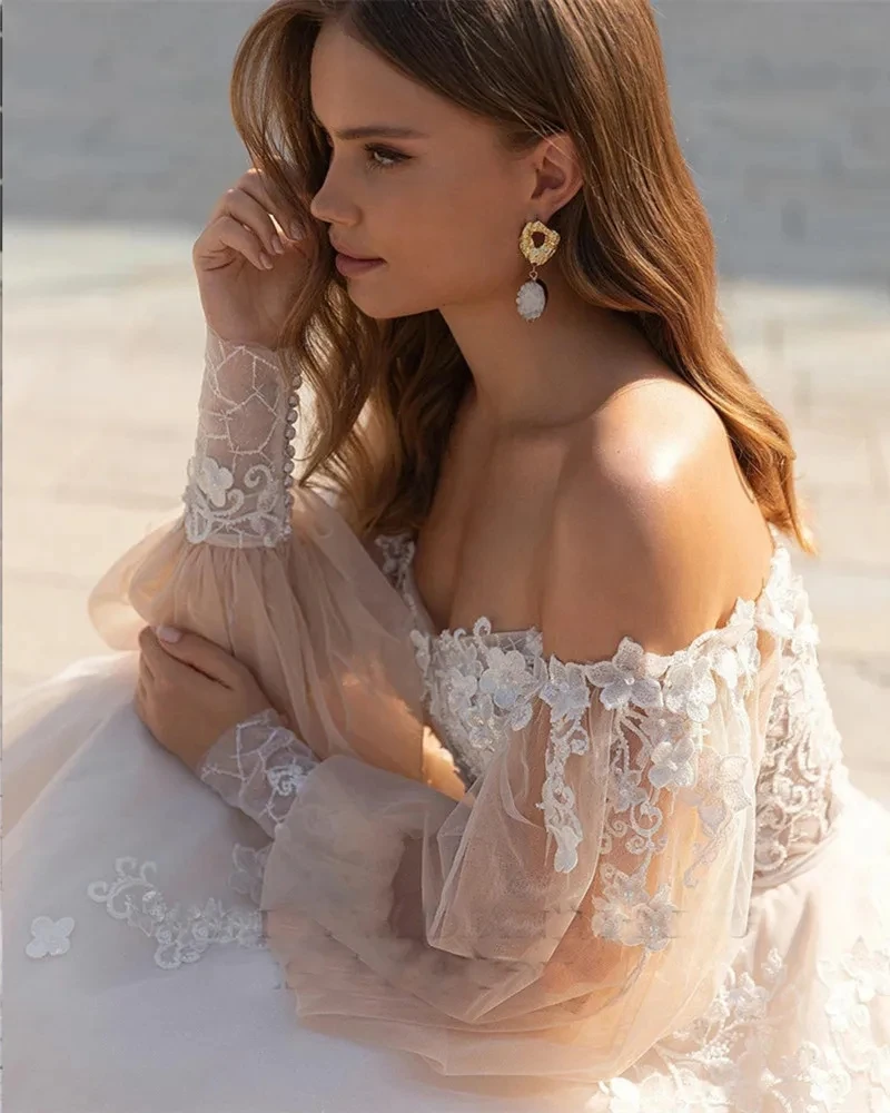 Romantic Wedding Dresses Boat Neck Bridal Gowns Off The Shoulder Floor Length Tulle Robes Lace Appliques Vestidos De Novia 2024