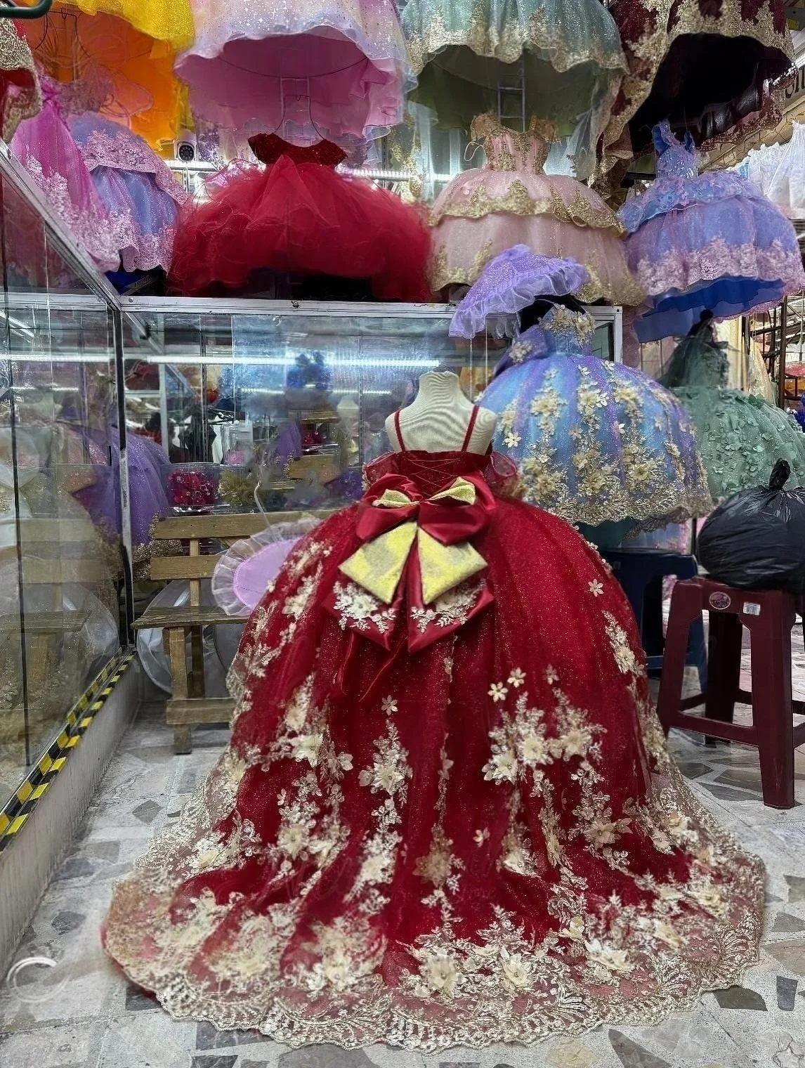 custom-luxury-dress-flower-girl-wedding-gown-pageant-red-strap-gold-lace-bigbow-train-kid-luxe-bday-guest-formal-gown