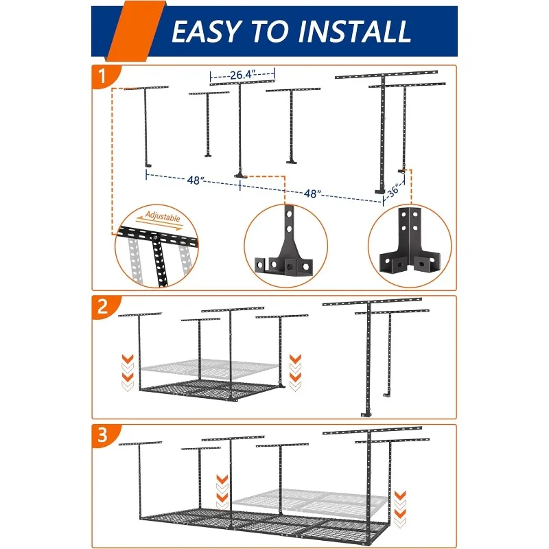 2025, capacità di peso di 600 libbre (nero) Scaffale per garage sopraelevato da 3 x 8 piedi Scaffale per garage Sistema di organizer per riporre oggetti pesanti