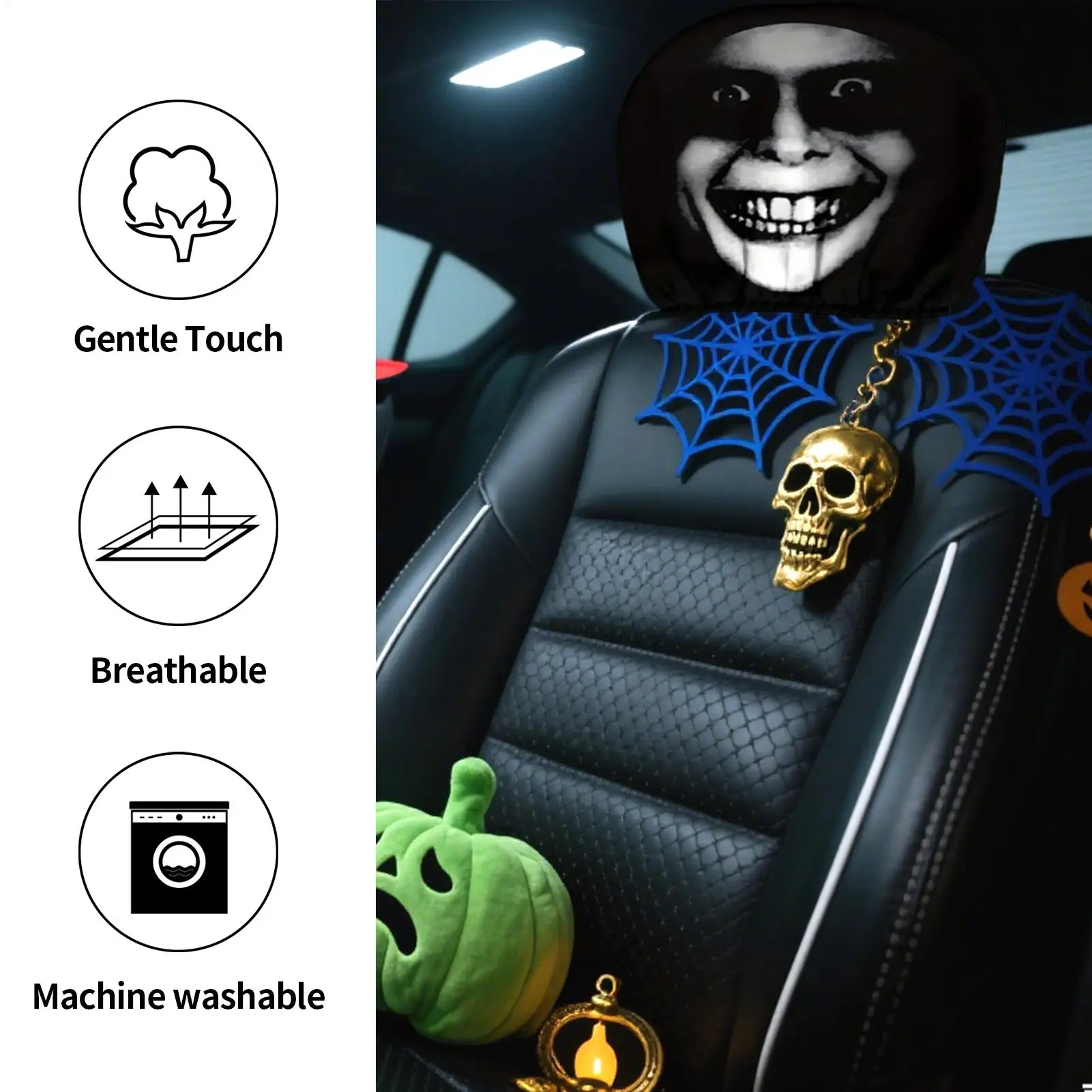 Halloween Elastic Car Headrest Covers, Soft Breathable Seat Protectors for Sedan Van Truck, Spooky Decor for Daily Commute Taxi view 5