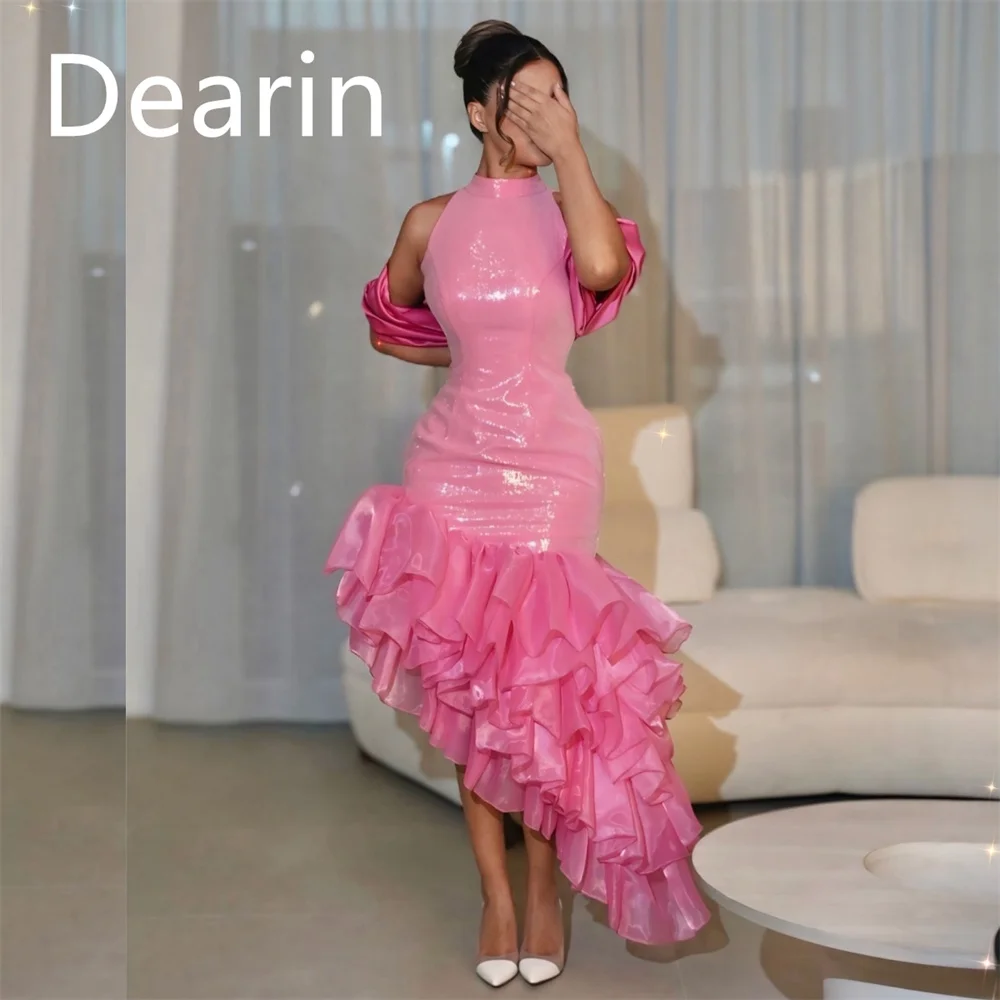 

Customized Saudi Arabia Dearin Jewel Mermaid Hi-Lo Length Skirts Shirred Flouncing Bespoke Occasion Dresses Formal Gown Evening