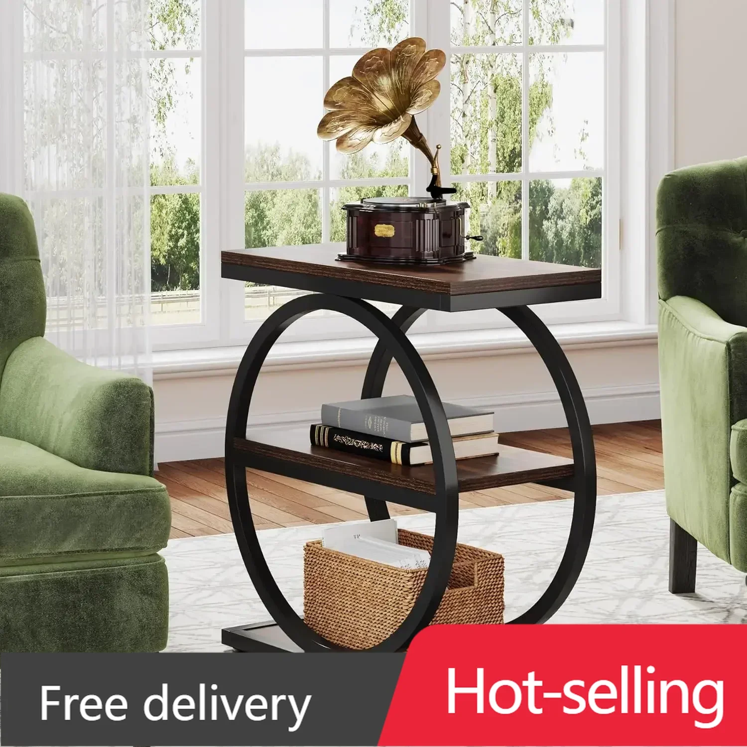 

Узкий торцевой столик с 3 полками для хранения, деревянный приставной столик с черными металлическими каркасами, небольшой приставной столик для промышленного дивана для гостиной