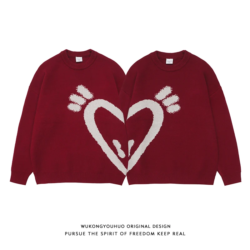 

Ins Love Heart Pattern Knitted Sweater for Couples Loose Fit Men's Red Casual Versatile Top round Ne Long Sve Knitwear