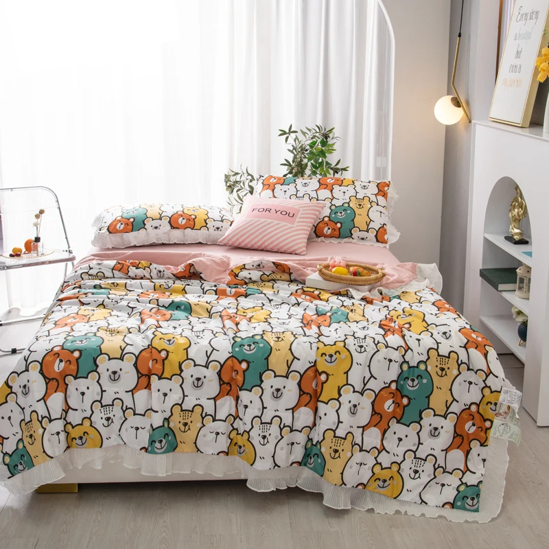 

Cartoon Bear Summer Quilt Princess Ruffles Air Conditioning Thin Comforter Skin-friendly Comfortable Quilted Quilt Washable