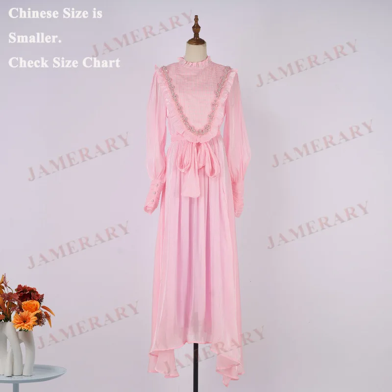 Elegant Autumn Faux Silk Luxury Bead Ruffle Neck Long Sleeve Women Dress Formal Prom Dresses Summer Vestidos