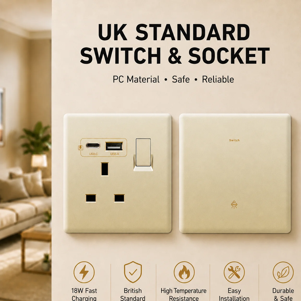 Gold UK 13A with USB C 18W 3.1A  Fast Charging Socket with USB Port. Wall Power Switch Socket, 1gang3way Intermediate Switch