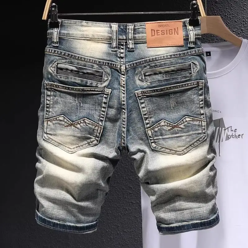 

New Boyfriend Cowboy Vintage Style Men's Denim Shorts Summer Korean Fashion Casual Knee Length Hole Ripped Men's Jeans Shorts