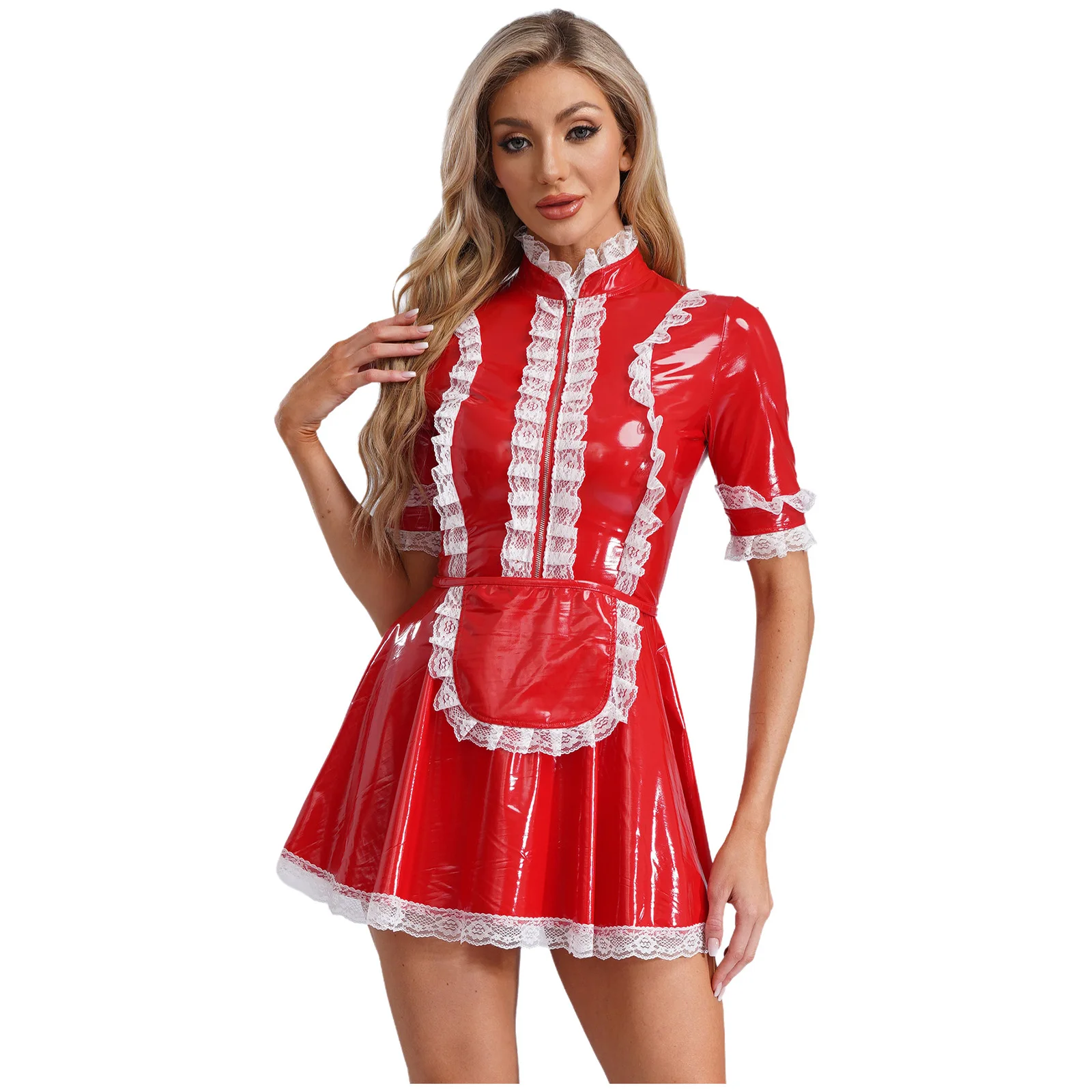 

Women Glossy PVC Leather French Maid Costume Long Sleeve Apron Maidservant Dress with Apron Cosplay Party Fancy Dress Up