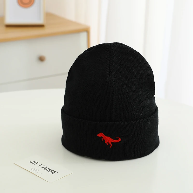 Little mave 2024 Autumn Winter Casual Knitted Embroidery Cartoon Dinosaur Outdoor Kids Caps for Children Warm Hats Baby Boys