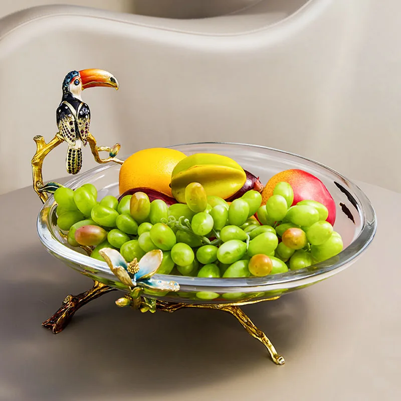 Luxury Home Living Room Coffee Dining Table Fruit Candy Plate Glass Decor Bowl With Enamel Crafts Toucan Stand On Branch Stand