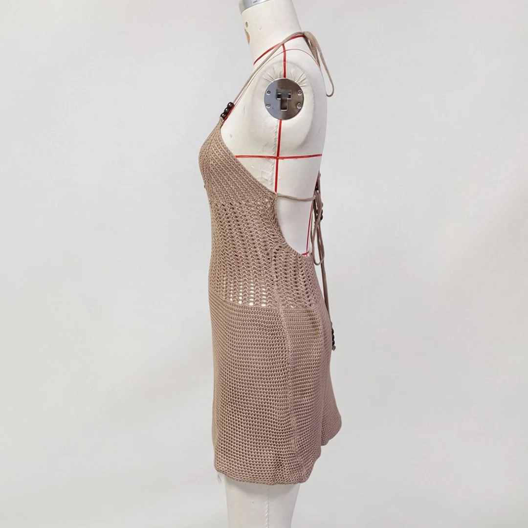 Schlankes, figurbetontes, gehäkeltes, gestricktes Strandkleid für Damen, Neckholder-Minikleid, Sommerkleid mit Ausschnitten, V-Ausschnitt, rückenfrei, sexy Partykleid V6210 – Detail 31