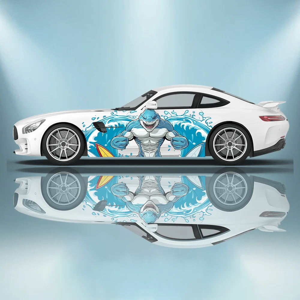 Shark Surfing in The Waves Car Vinyl Wraps Decal Self-adhesive PVC Sticker Suitable for Trucks SUV Decoration Auto Accessories
