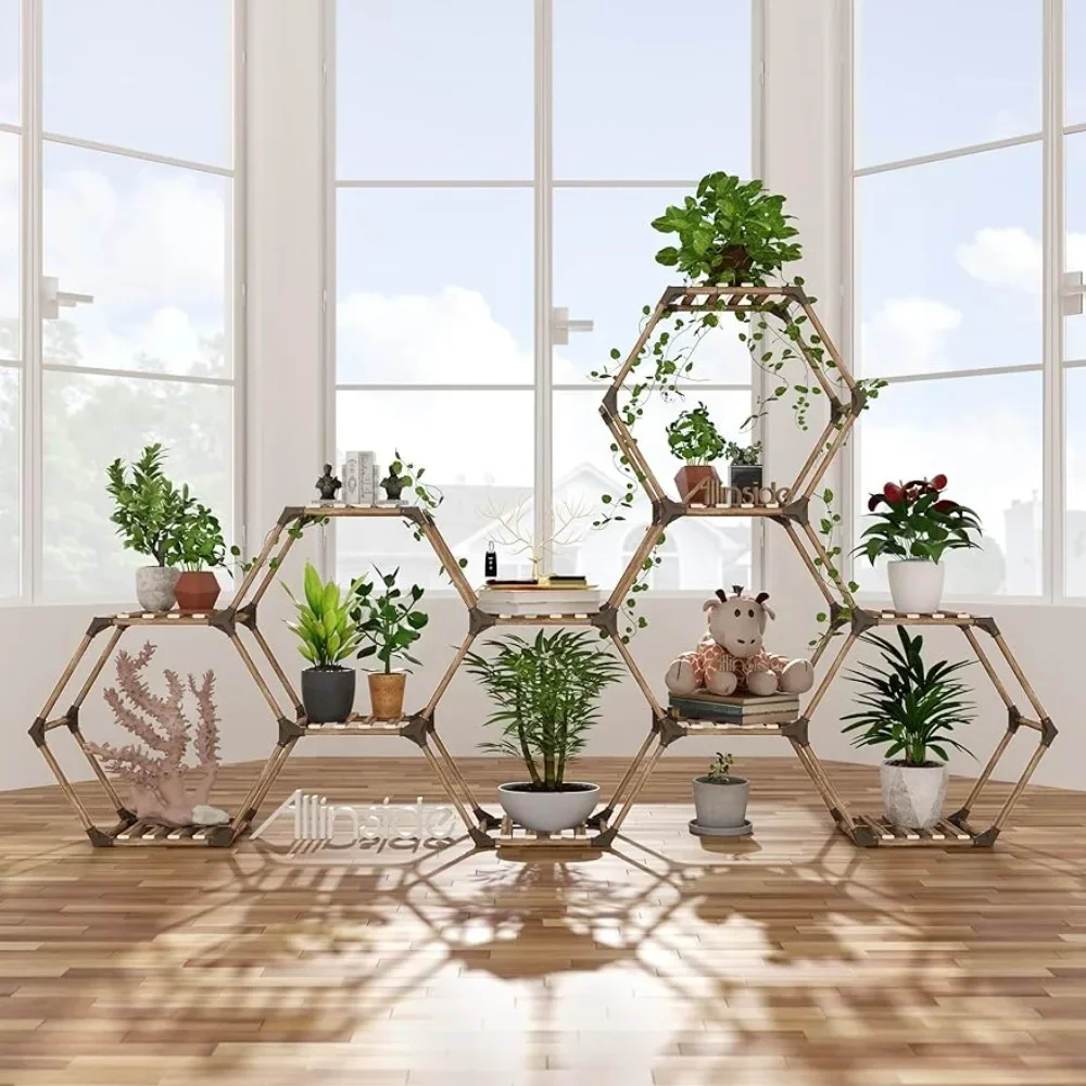 Allinside Hexagonal Stand Indoor, Wood Outdoor Plant Shelf for Plants, 11 Potted Ladder Plant Holder Transformable Plant