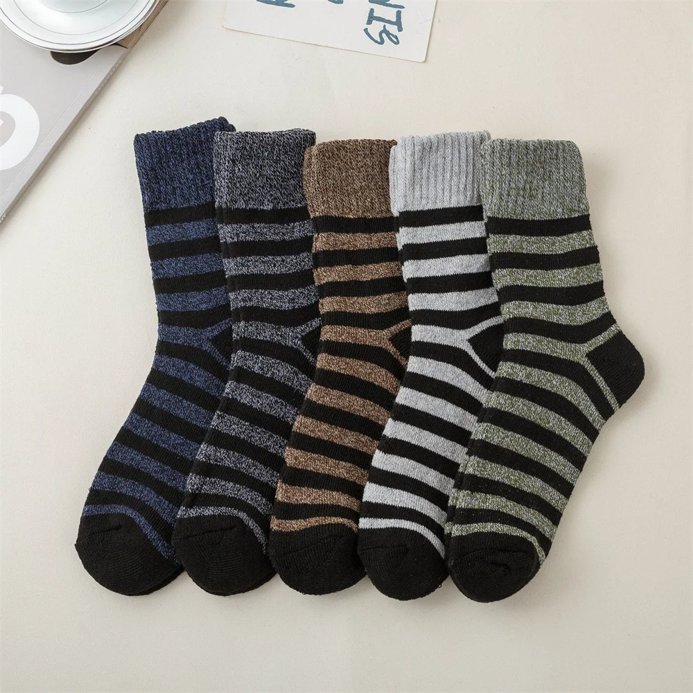 Men Winter Warm Socks Plush Thick Wool Socks Against Cold Snow Terry Socks Women Retro Striped Mid Length Socks Floor Snow Socks