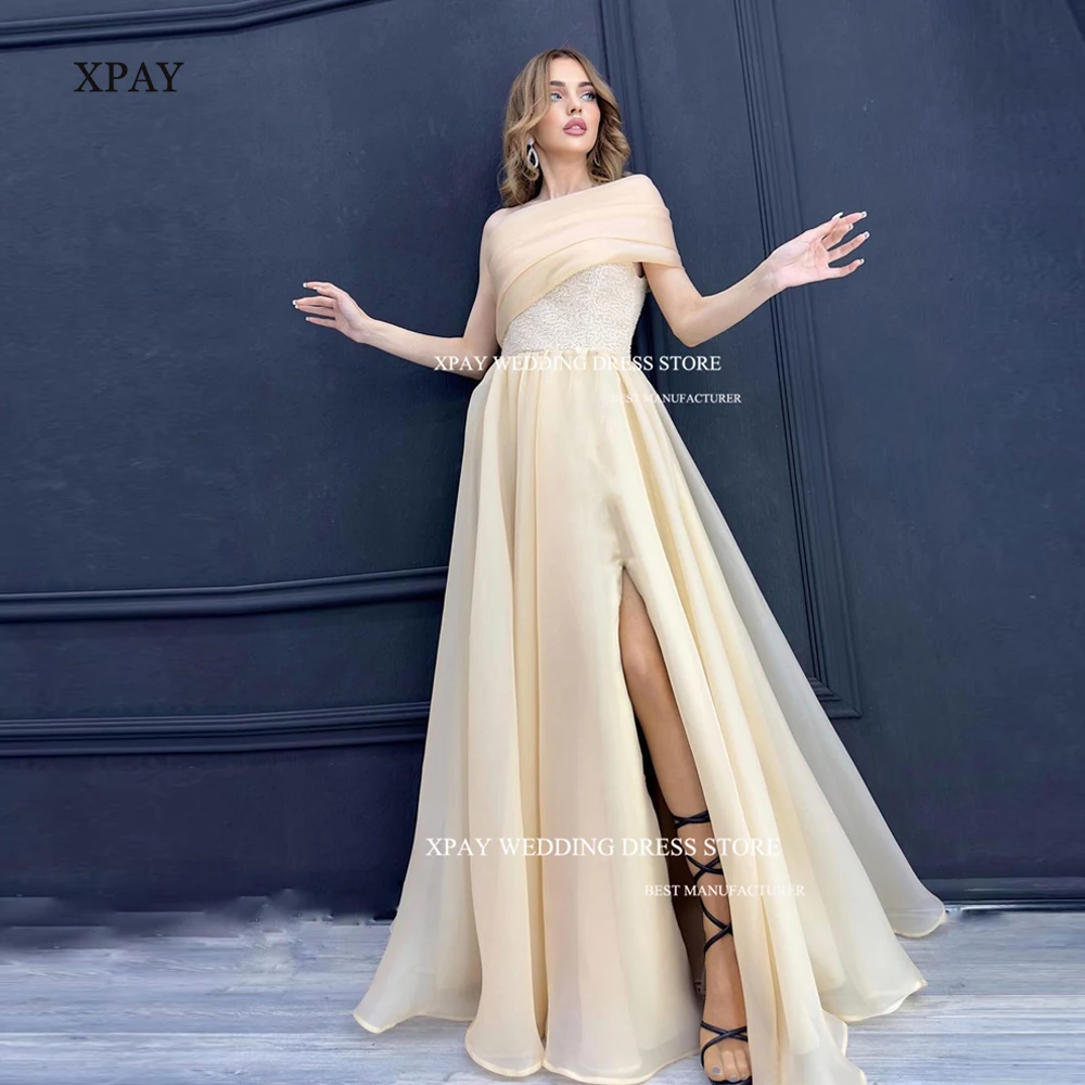 

XPAY New Modest A-Line Prom Dresses Sexy Lace Floor-Length Split Dubai Arabic Women Formal Evening Gowns Cocktail Party Dress