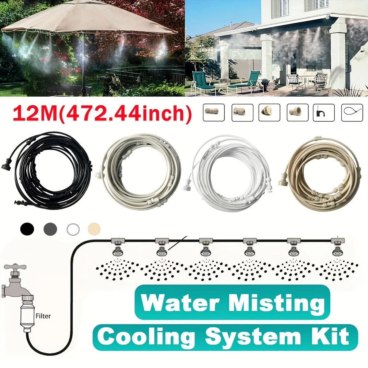 

12M Misting Cooling System Fan Cooler Patio Garden Water Mister Mist Nozzles Air Cool Misting System for garden layard Cooling