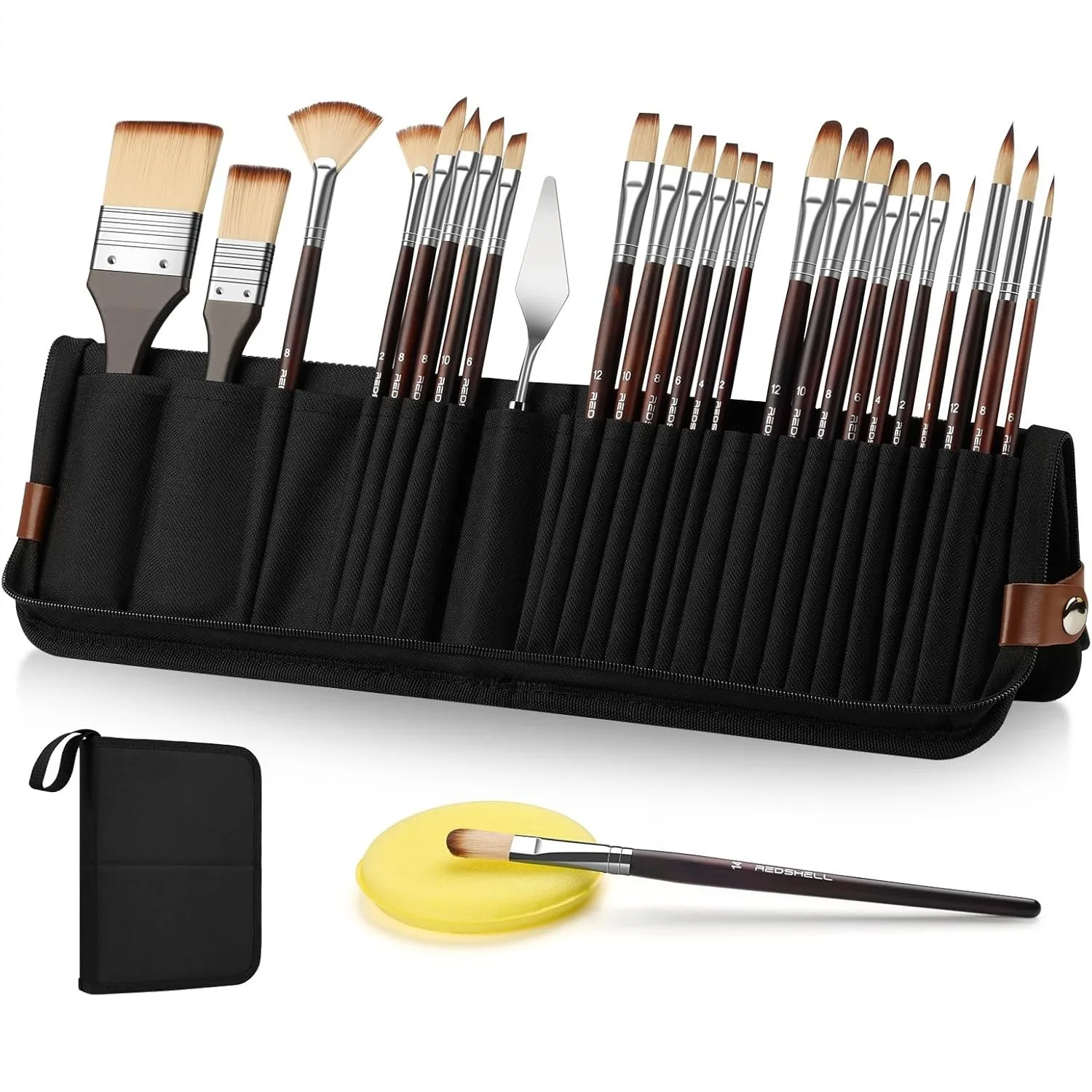 

26pcs Paint Brush Set with Flat Filbert Fan Dagger Cat Tongue Round Palette Knife for Watercolor Acrylic Oil Face Painting