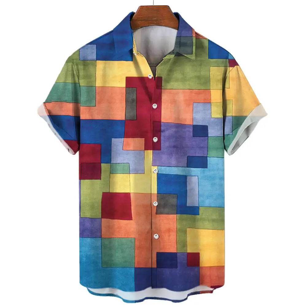 Camisas con estampado 3D de bloques de Color para hombre, blusa Hawaiana de manga corta con botones, solapa, ropa de calle, moda de verano