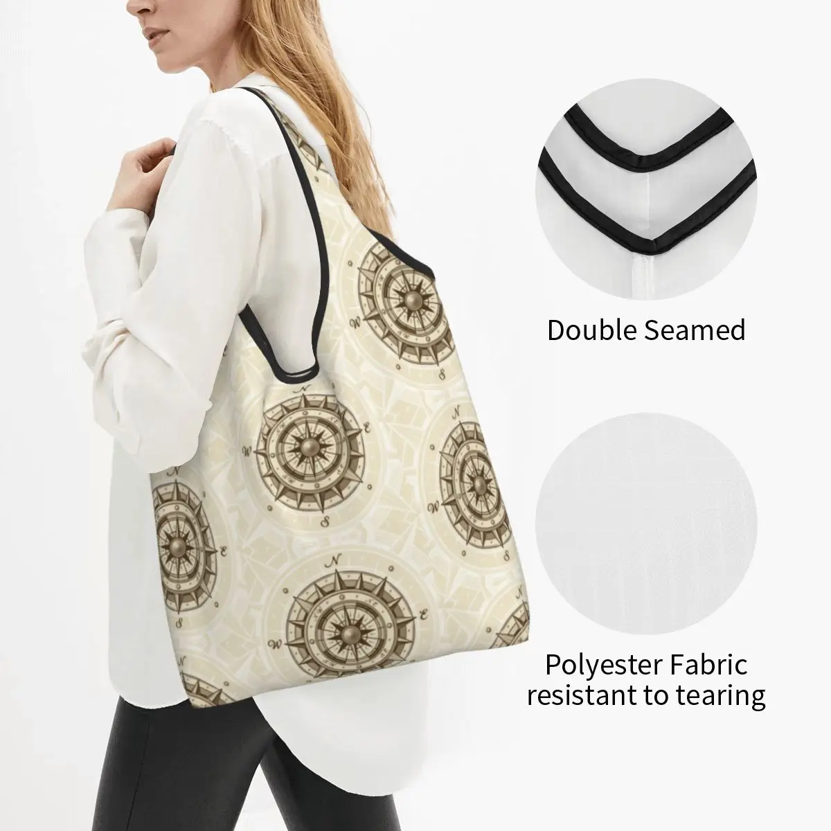 Fashion Print Adventure Nautical Map Compass Rose Shopping Tote Bag Portable Shoulder Shopper Handbag