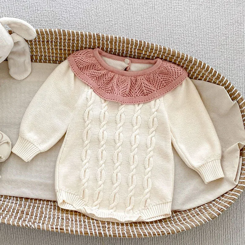 2024 New Autumn Baby Girl Knitted Clothing Toddler Baby Girl Knitted Romper Long Sleeved Splicing Infant Baby Girls Jumpsuit