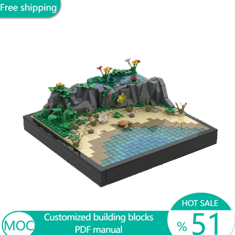 642 PCS Urban FLOWERLAKEOASIS Tropical Volcanic Rock Pool Exotic Flowers Beach Connection Island Brick DIY Boy Toy Birthday Gift