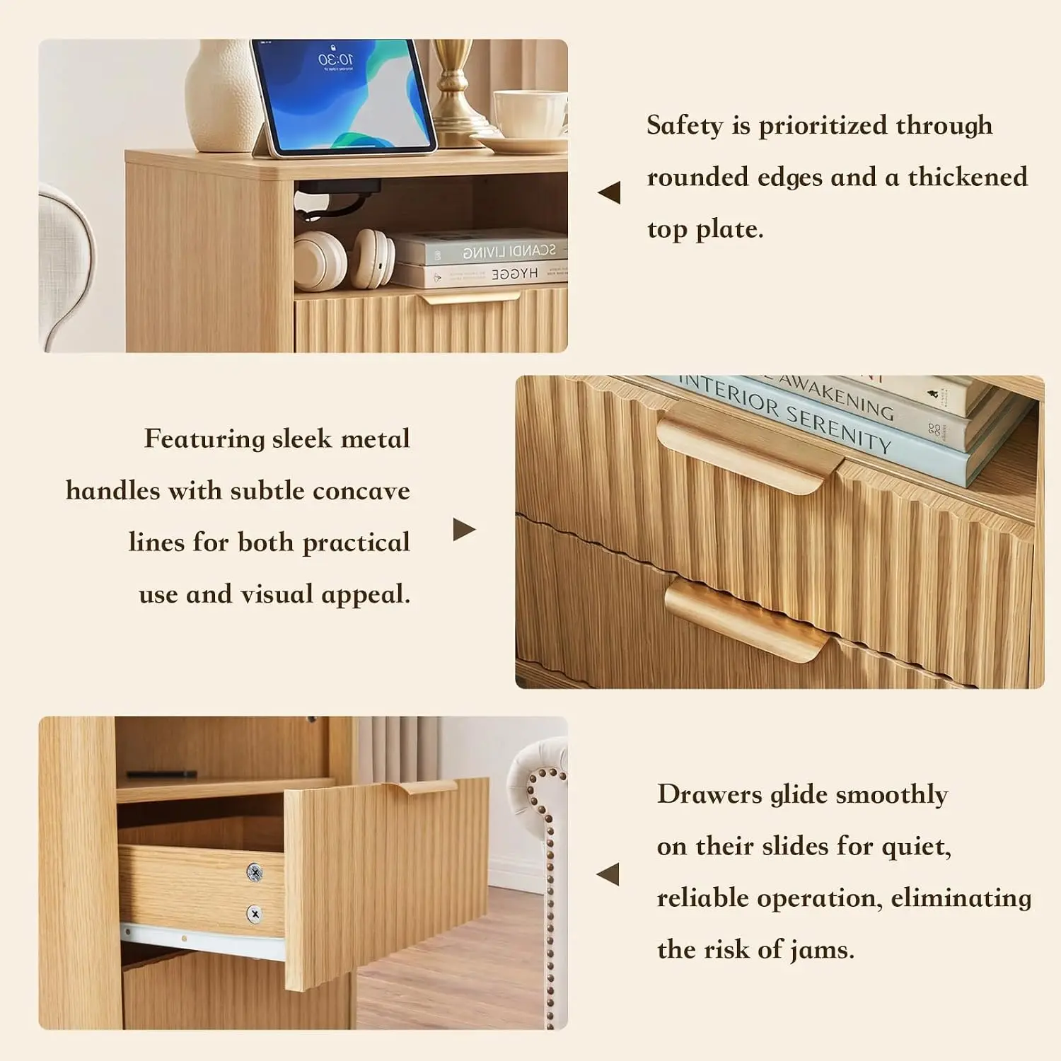 Fluted Nightstand with Charging Station & LED, Bedside Table with 2 Drawers & USB, End Table with Storage,, Customized