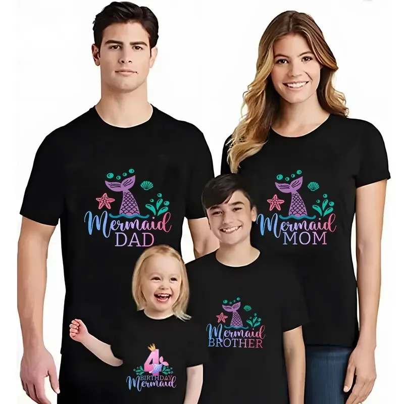 Fashion Mermaid Birthday Girls Party T-shirt 1 2 3 4 5 6 7 8 9 10 Years Old Tops Unisex Kids Black Tees Matching Family Clothes