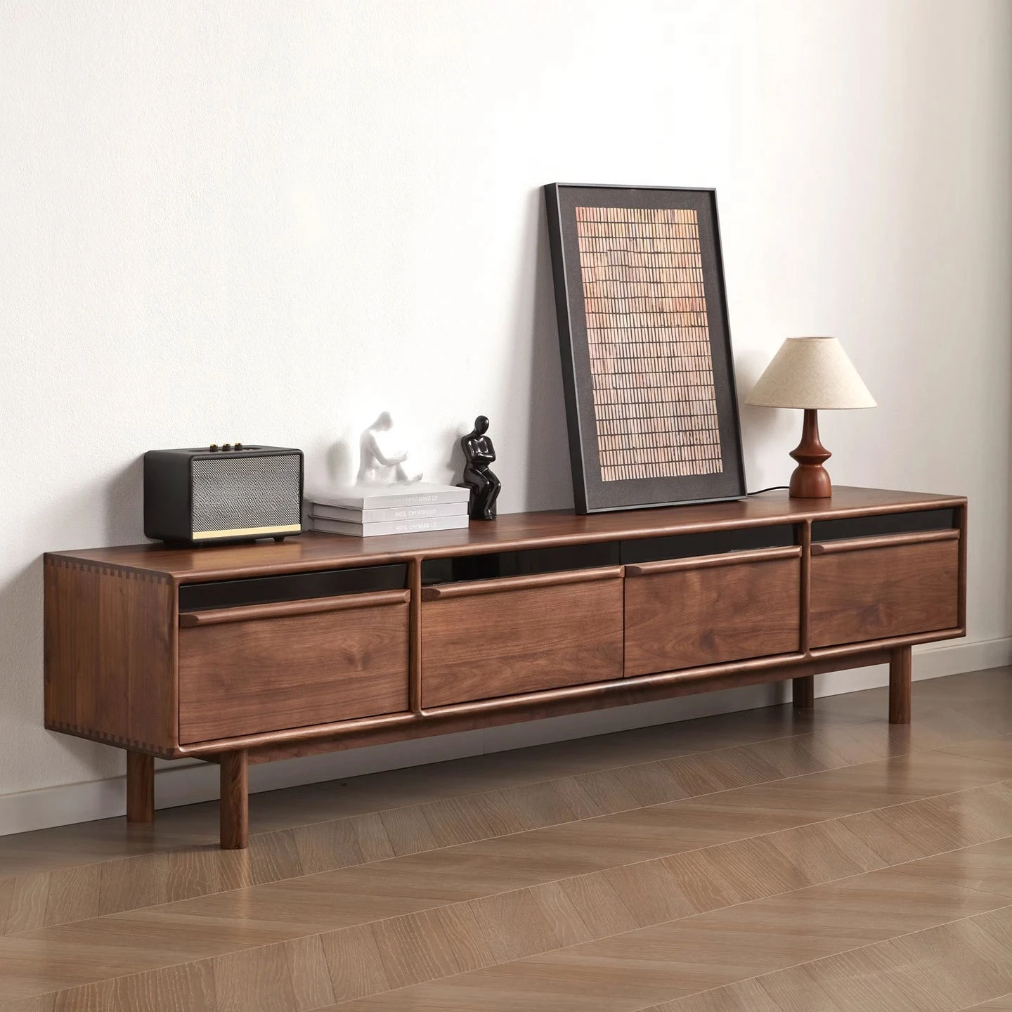 خزانة تلفزيون من خشب الجوز الأسود، وخزانة خط هيكل عظمي يابانية بسيطة وحديثة، وخزانة تخزين من الخشب الصلب الاسكندنافي #4