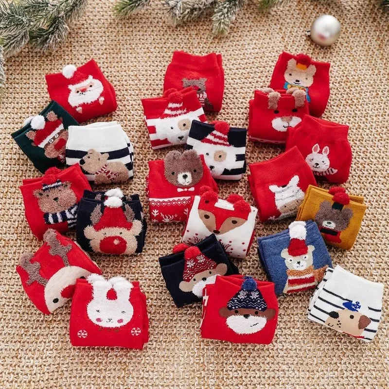 Christmas Red Socks Xmas Cartoon Santa Claus Elk Bear Socks Girls Favors Gifts Socks Merry Christmas Happy New Year 2025