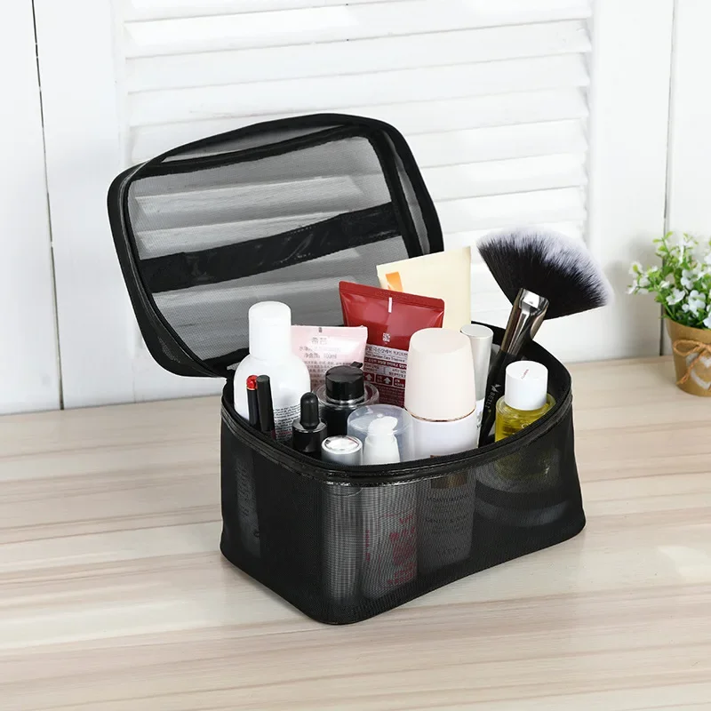 Female Makeup Bag Fashion Mesh Transparent Casual Travel Mini Large Wash Storage Bags Women Black Color Zipper Cosmetic Bag