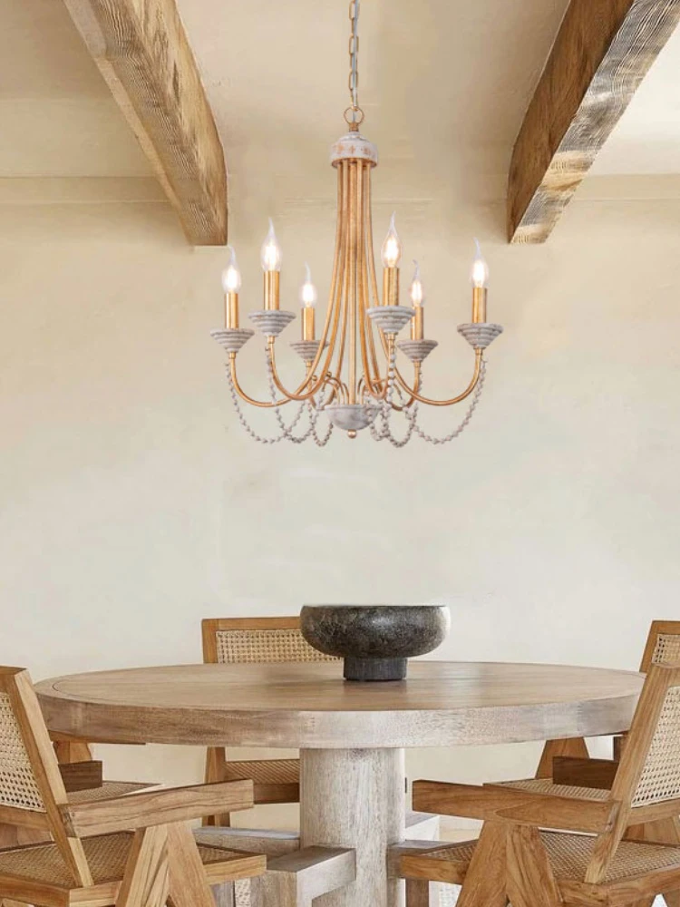 

American Retro Restaurant Chandelier Creative French Country Ceiling Lamp Wabi-sabi Pastoral Style Solid Wood Lighting