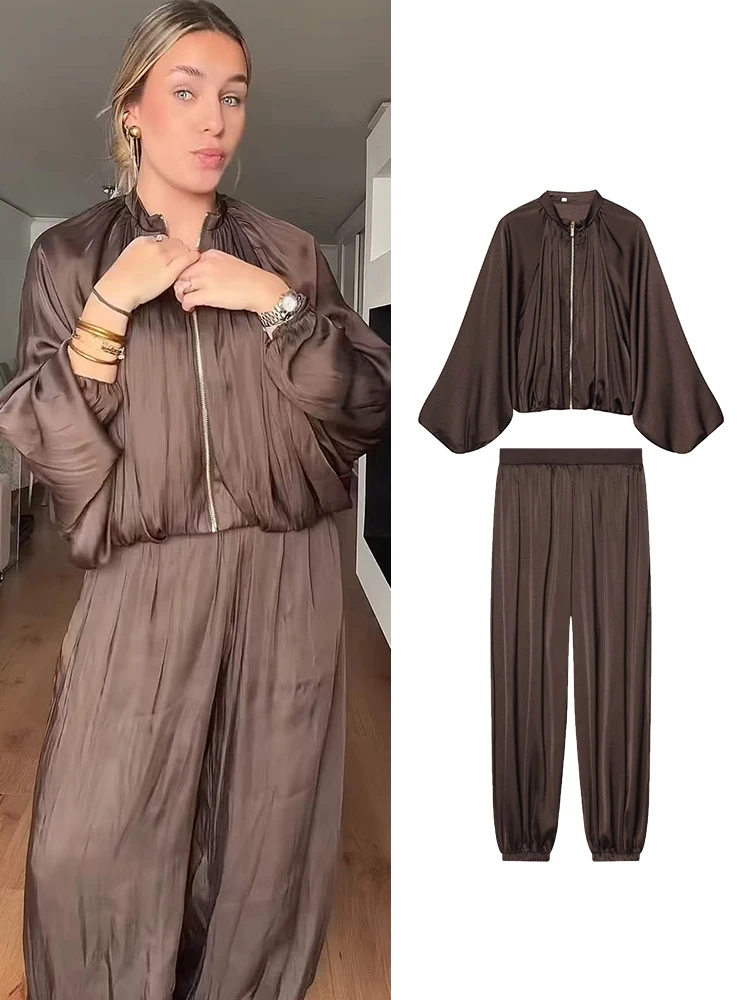 

TFMLN Casual Women Bomber Jacket Pants Suit Loose Pleated Lantern Sleeve Zipper Coat Wide Leg Trousers 2026 Fashion Street Set