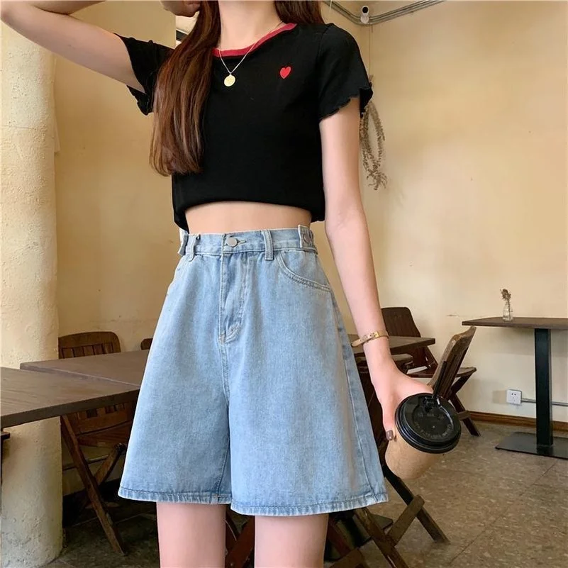 Vintage Knee-length Spliced Design Fashion Loose Leisure Style Streetwear High Street Cool Teens Women Denim Shorts Solid