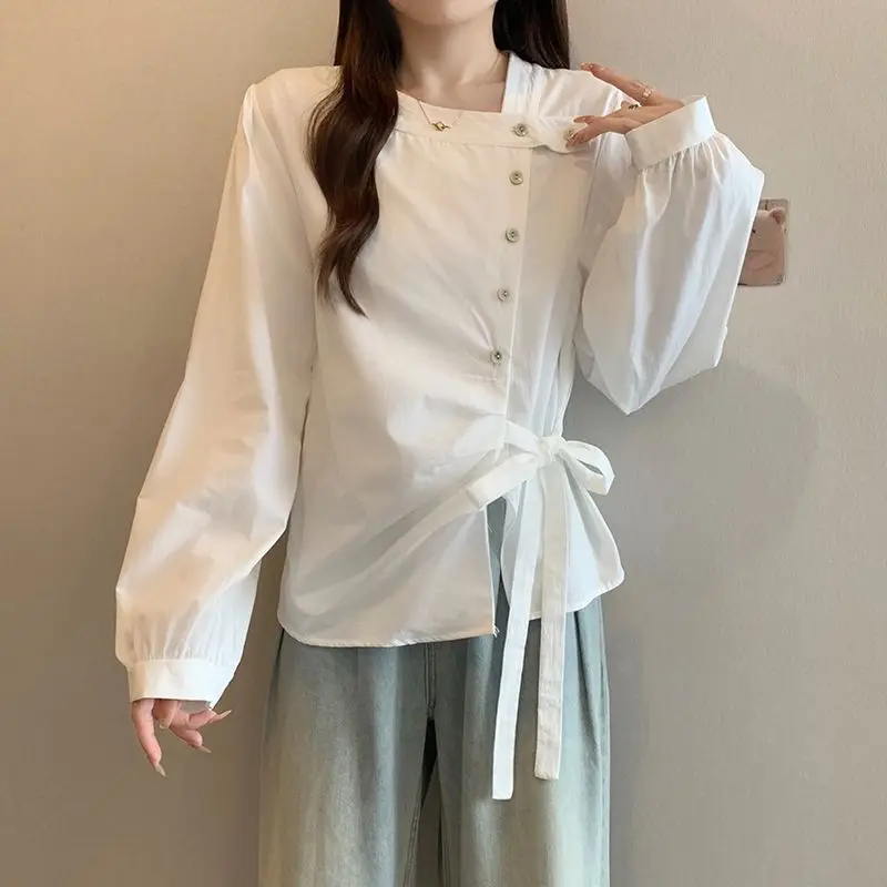 Femme Spring Summer Korean Fashion Trend Button Solid Color O-neck Women Shirts Fashionable Drawstring Long Sleeve Pulloverstops