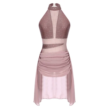 Abito da ballo moderno lirico da donna con strass lucido body a rete trasparente Dancewear per spettacoli di pattinaggio artistico di ginnastica di balletto