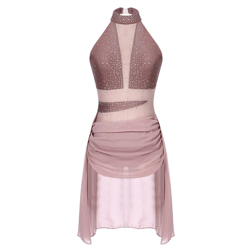 Vestido de baile lírico moderno para mujer, leotardo de malla transparente con diamantes de imitación brillantes, Ropa de baile para Ballet, gimnasia, patinaje artístico