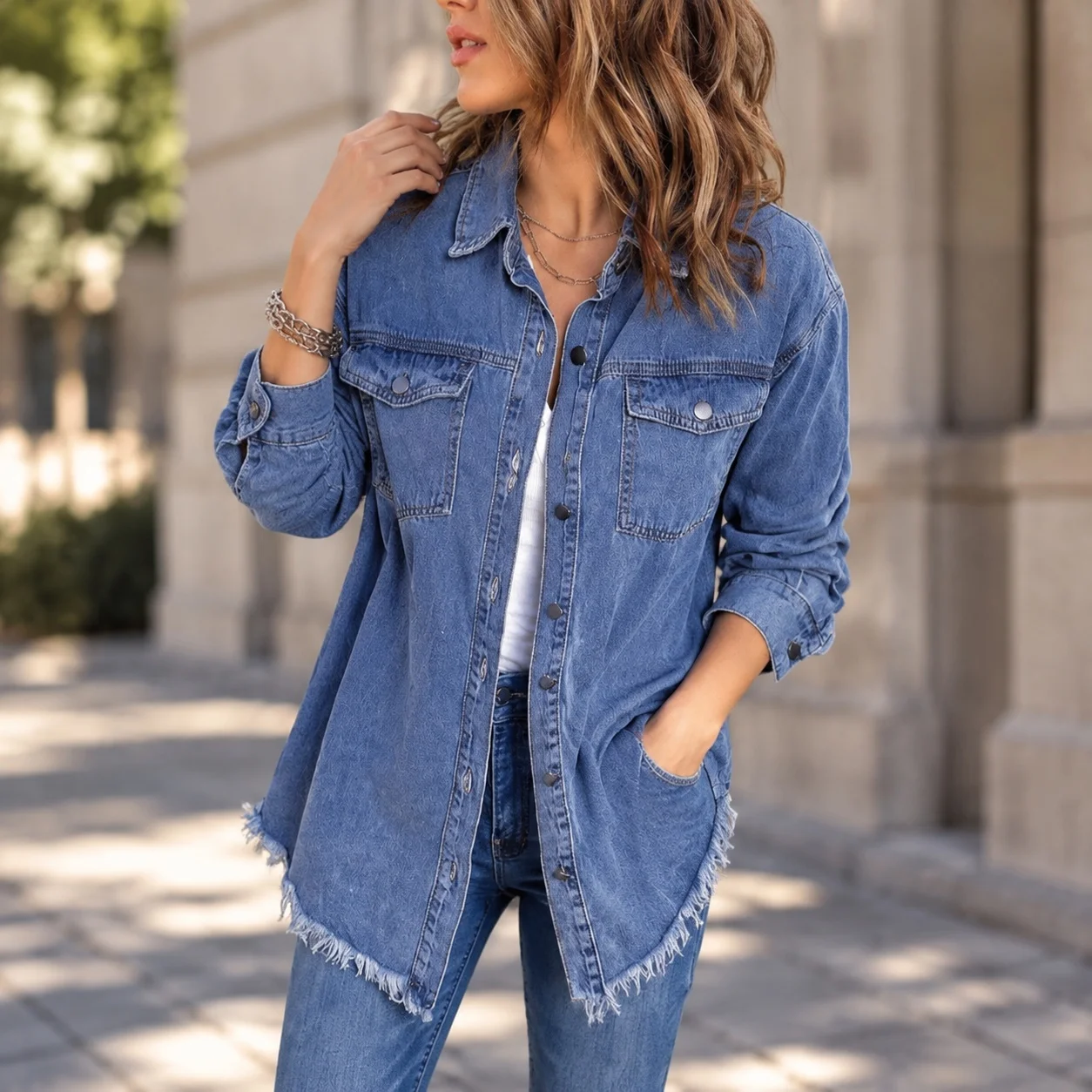 Patchwork Long Sleeve Blouse Regular Fit Elegant Professional with Distressed Effect Pocket Polo Collar Spring for Women