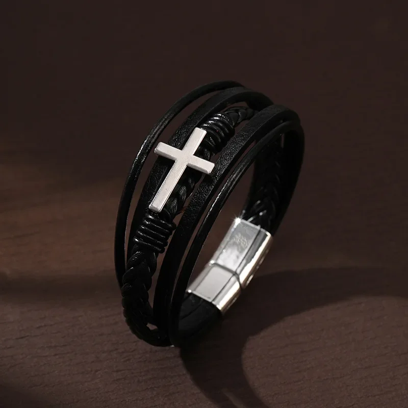 Men Bracelets Luxury Multicolor Cross Design Classic Stainless Steel Multi Layer Men Leather Bracelet 19/21/23cm Handsome Gifts