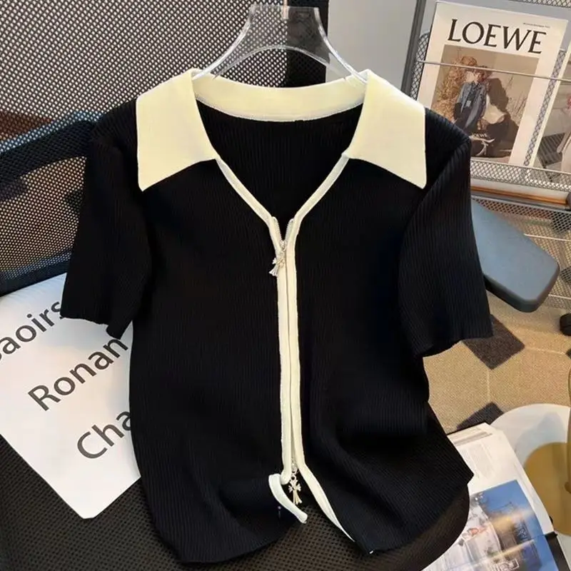 

Slim Knitwear Double Zipper Coat Lapel Shirts Crop Tops Summer Women T-shirt Knitted Cardigan High-end Elastic Short Sleeve Tops