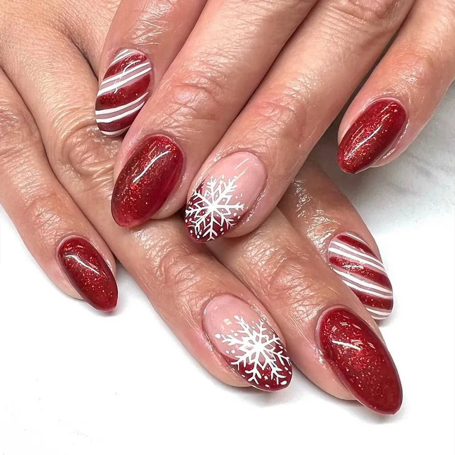 24 pçs imprensa de natal em unhas brilhantes glitter flocos de neve unhas falsas natal ano novo arte do prego cobertura completa unhas artificiais francesas arte