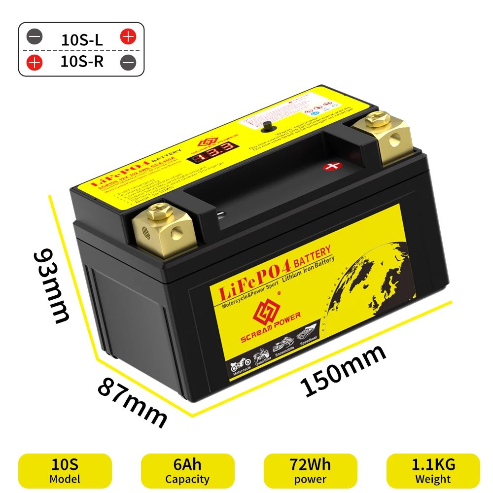 10S 12V 6Ah Motorcycle Start Battery CCA450A Built in BMS Lithium Iron Phosphate  LiFePO4 Batteries for Scooter ATV YT10S-BS