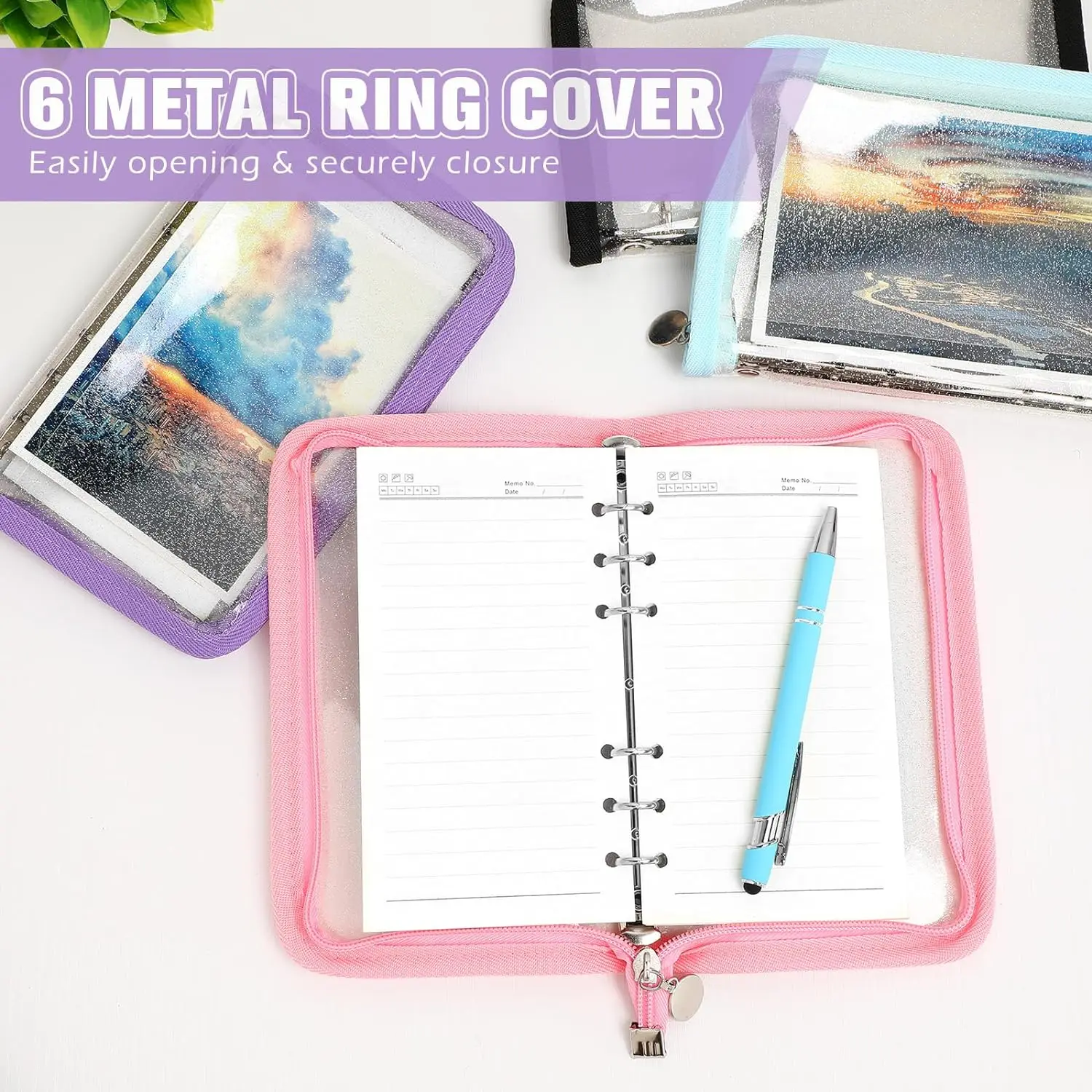 4 Pcs A6 Binder Cover 6 Ring Notebook Clear Soft PVC Zipper Folder Planner Refillable Notebook for Journal Photo Album Organizer