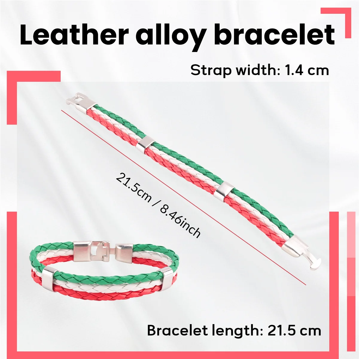 Ювелирный браслет FZFZ, браслет с итальянским флагом, кожаный сплав, для мужчин и женщин, зеленый, белый, красный (ширина 14 мм, длина 21,5 см)