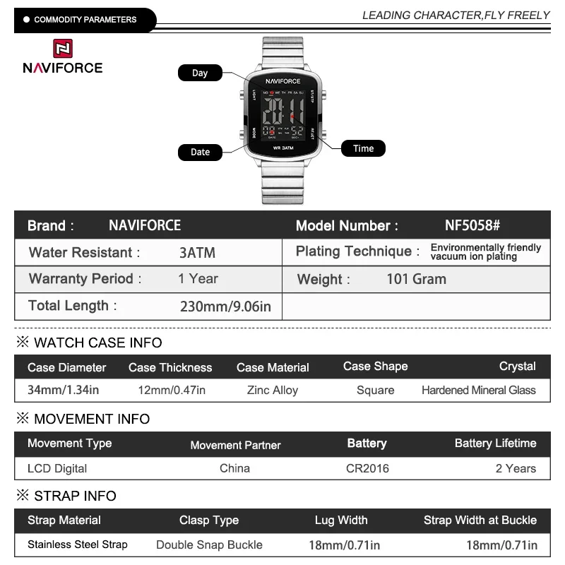 NAVIFORCE NF5058 Elegant Ladies Electronic Watch Calendar Waterproof Steel Strap Casual Digital Watches for Woman