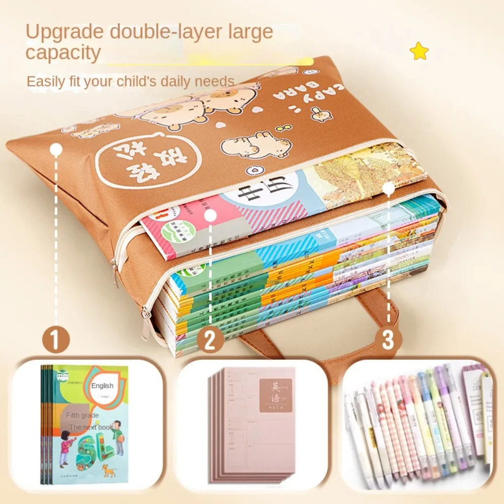 Zipper Tote Double Layer Tutorial Bag Portable Handbag Capybara Tote School Bag Multifunction Large-capacity Cartoon A4 File Bag